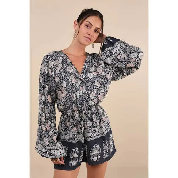 ***NWT***Lulus Traveled Aura Charcoal Grey Boho Button-front Long Sleeve Romper - Picture 1 of 4